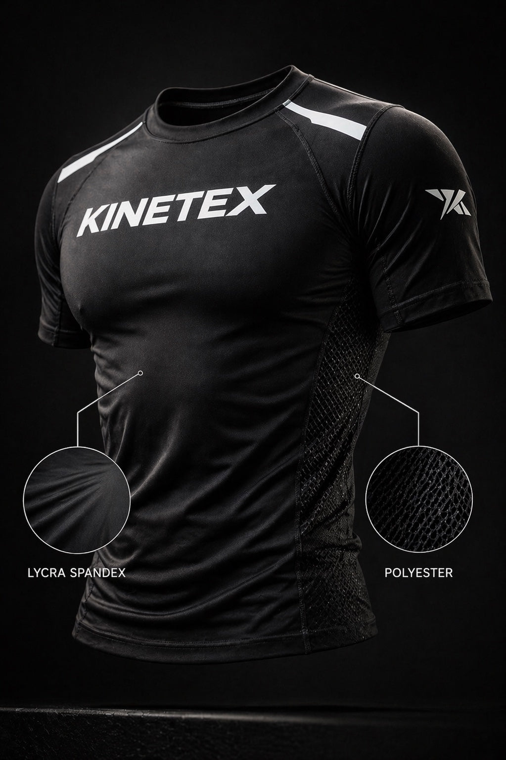 Kinetex black short-sleeve compression rash guard with white Kinetex logo on chest and white accents on shoulders.