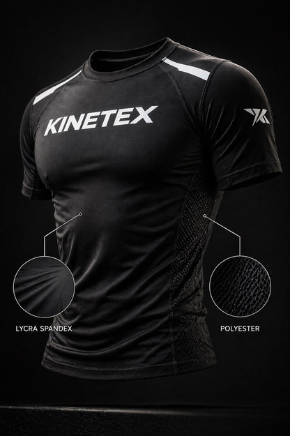 Kinetex black short-sleeve compression rash guard with white Kinetex logo on chest and white accents on shoulders.