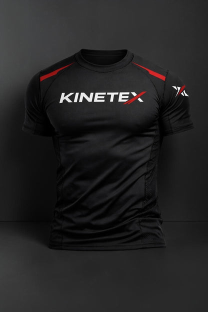 Kinetex black performance compression rash guard with red accents and white logo, designed for MMA.
