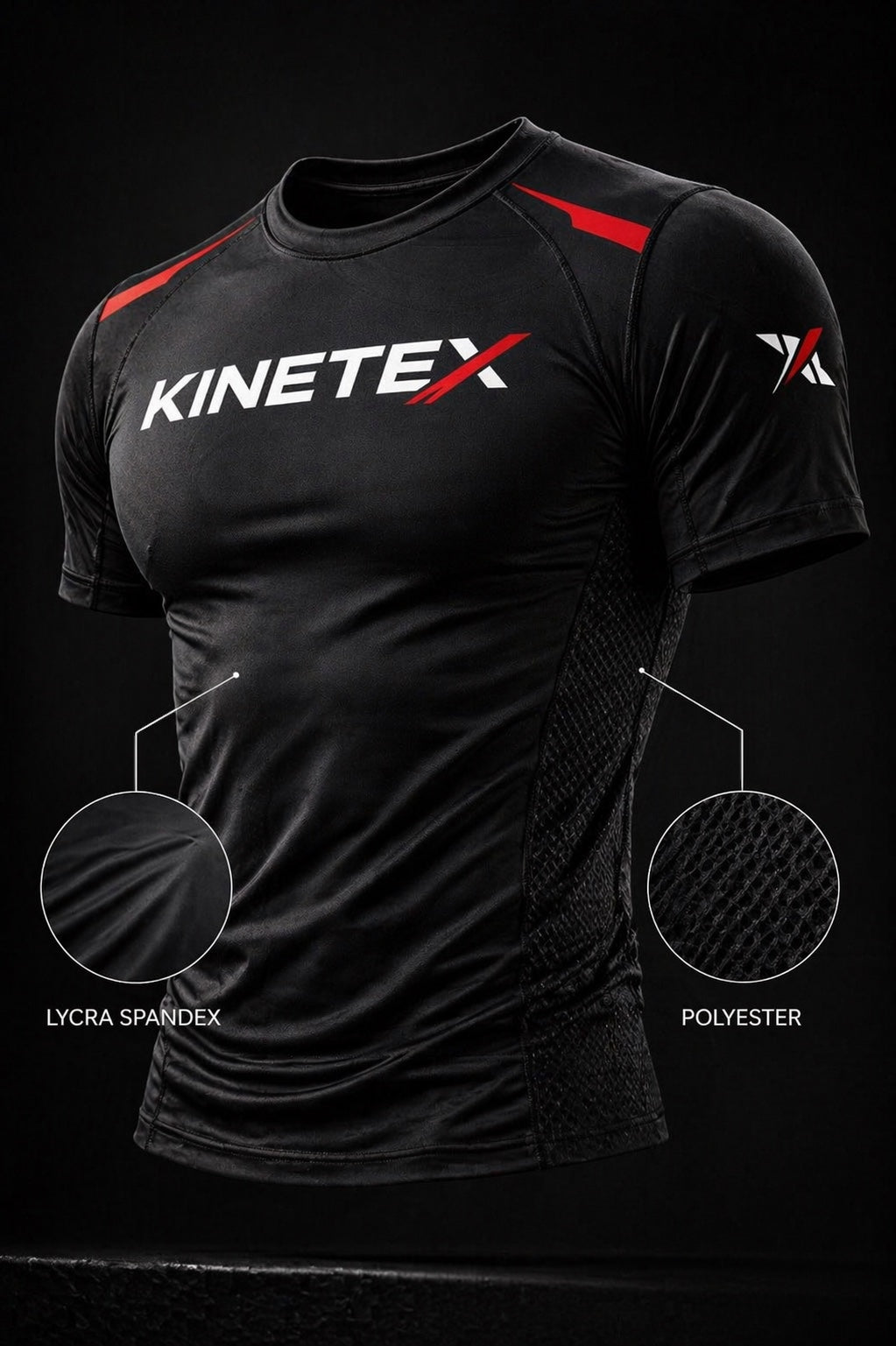 Kinetex black short-sleeve MMA rash guard with white Kinetex logo and red accents. Made of Lycra Spandex and Polyester.