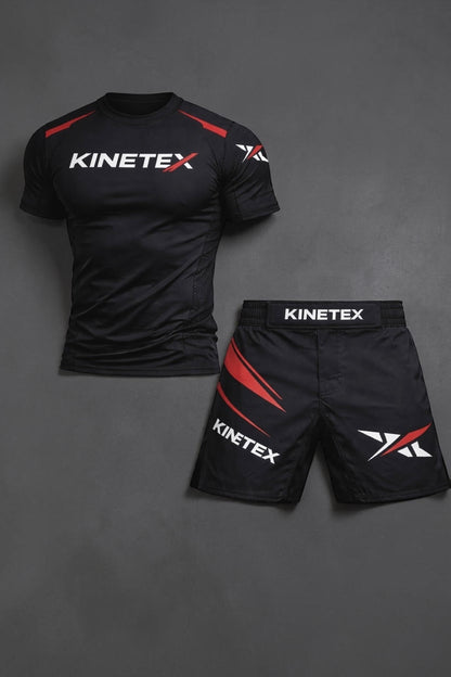 Kinetex black MMA compression rash guard with red accents and white logo, paired with black MMA shorts with red accents and Kinetex branding.