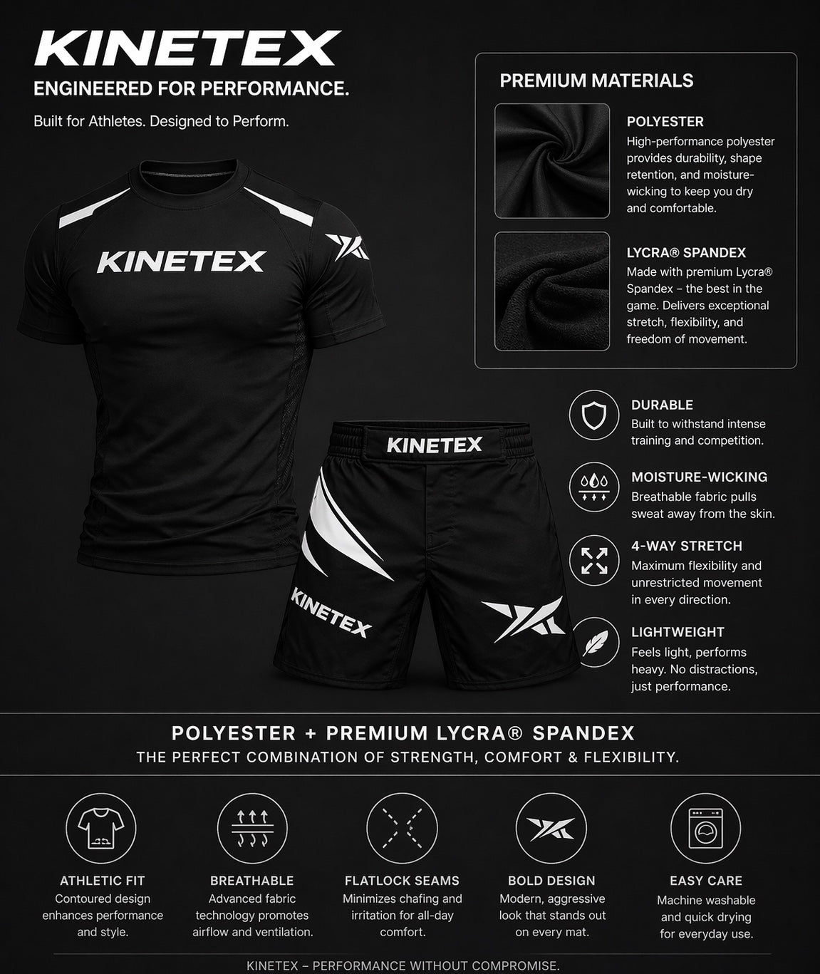 Kinetex black MMA rash guard and shorts set with white Kinetex branding and graphic details. Made from polyester and Lycra Spandex.