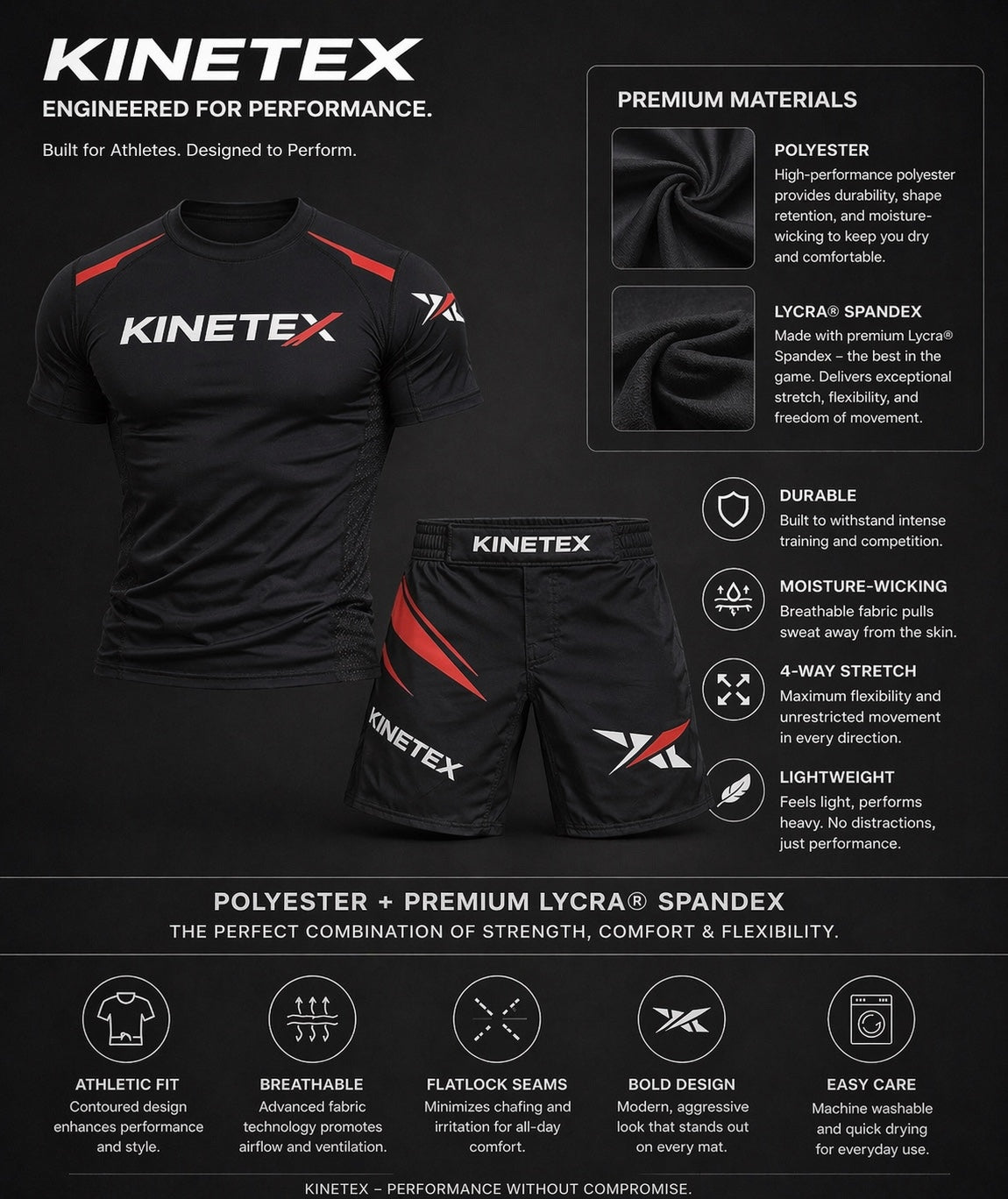 Kinetex black MMA set with red accents. Includes a short-sleeve compression rash guard and combat shorts.