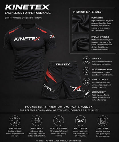 Kinetex black MMA set with red accents. Includes a short-sleeve compression rash guard and combat shorts.
