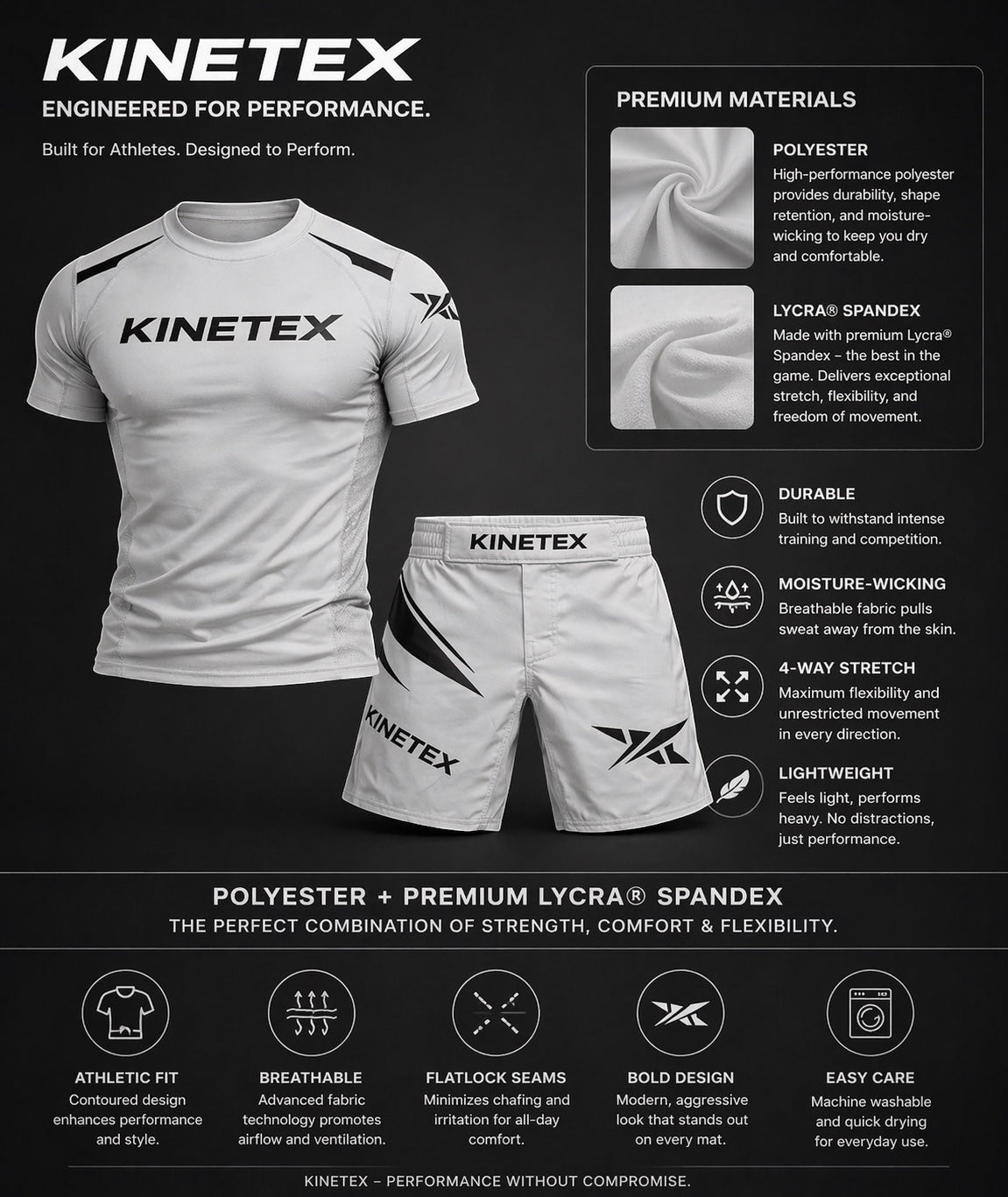 Kinetex Combat Pro MMA set in light grey with black accents. Includes short-sleeve rash guard and MMA shorts.
