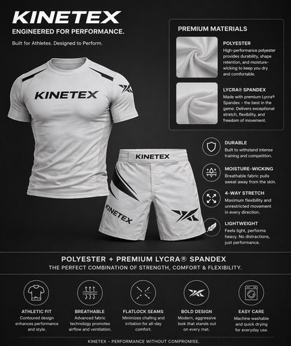 Kinetex Combat Pro MMA set in light grey with black accents. Includes short-sleeve rash guard and MMA shorts.