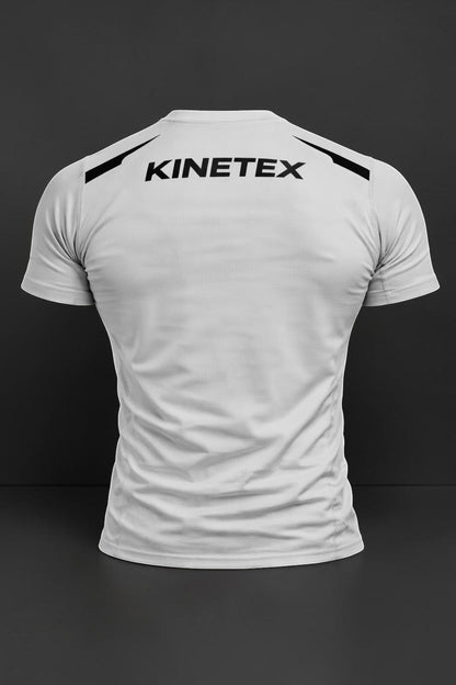 Kinetex Combat Pro white short-sleeve rash guard with black Kinetex logo on back. Compression fit for athletic performance.