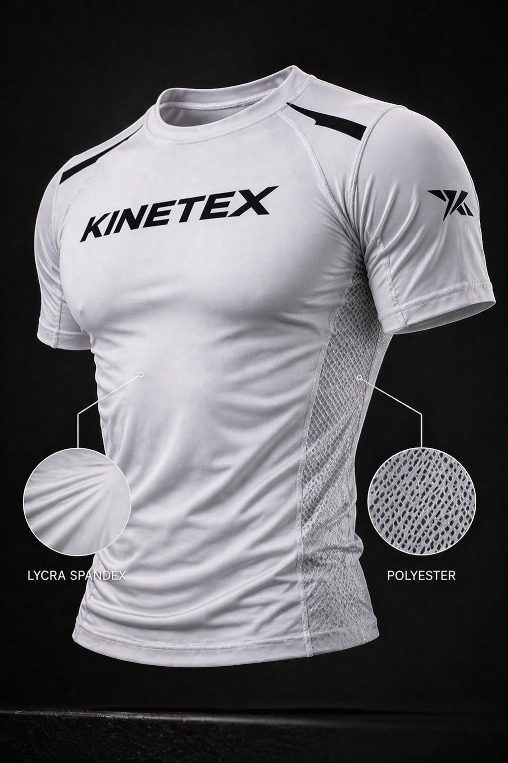 Kinetex white short-sleeve compression rash guard with black Kinetex logo on chest and mesh side panels. Made of Lycra Spandex and Polyester.